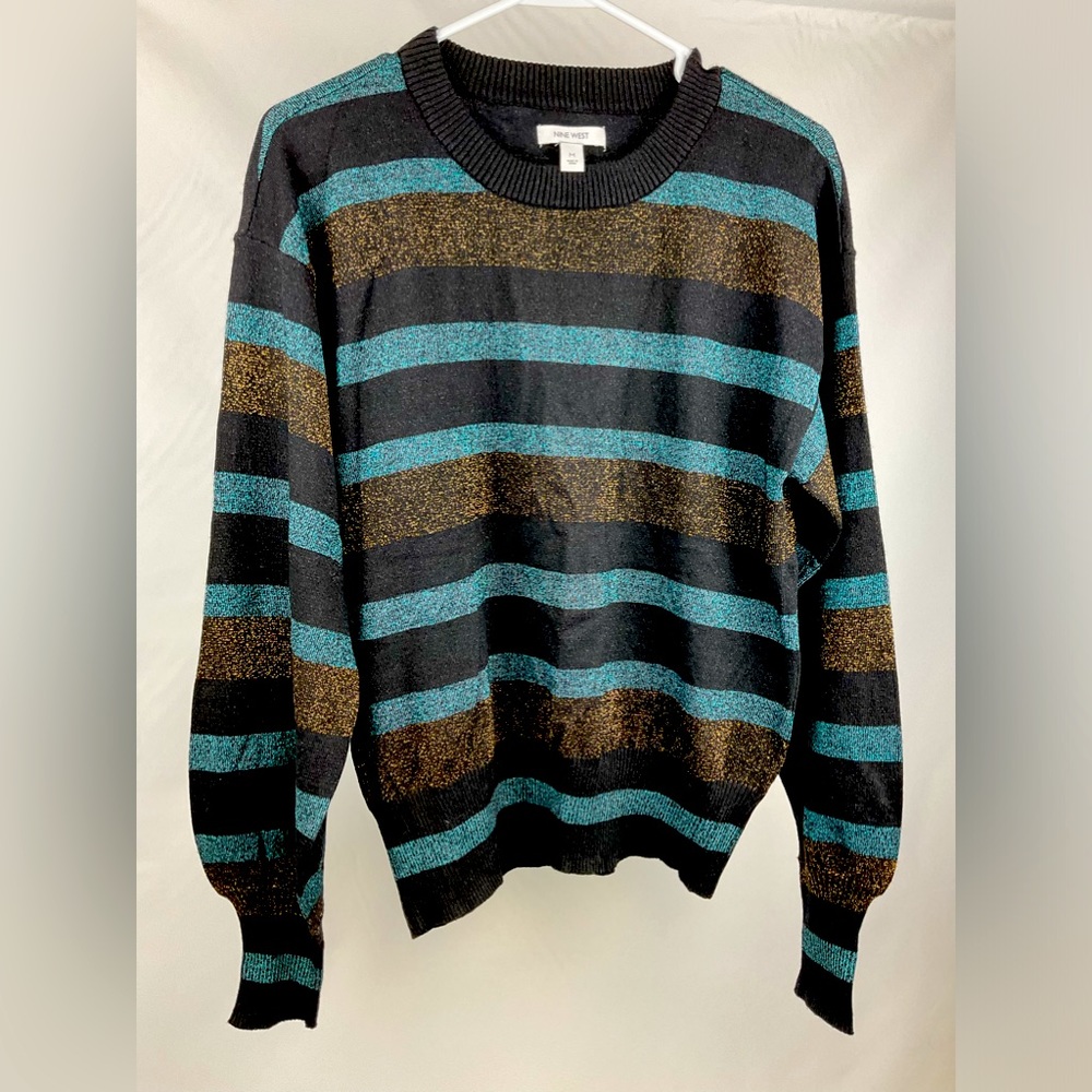Nine West Colorblock Sparkle Stripe Disco Crewneck Sweater Size Medium